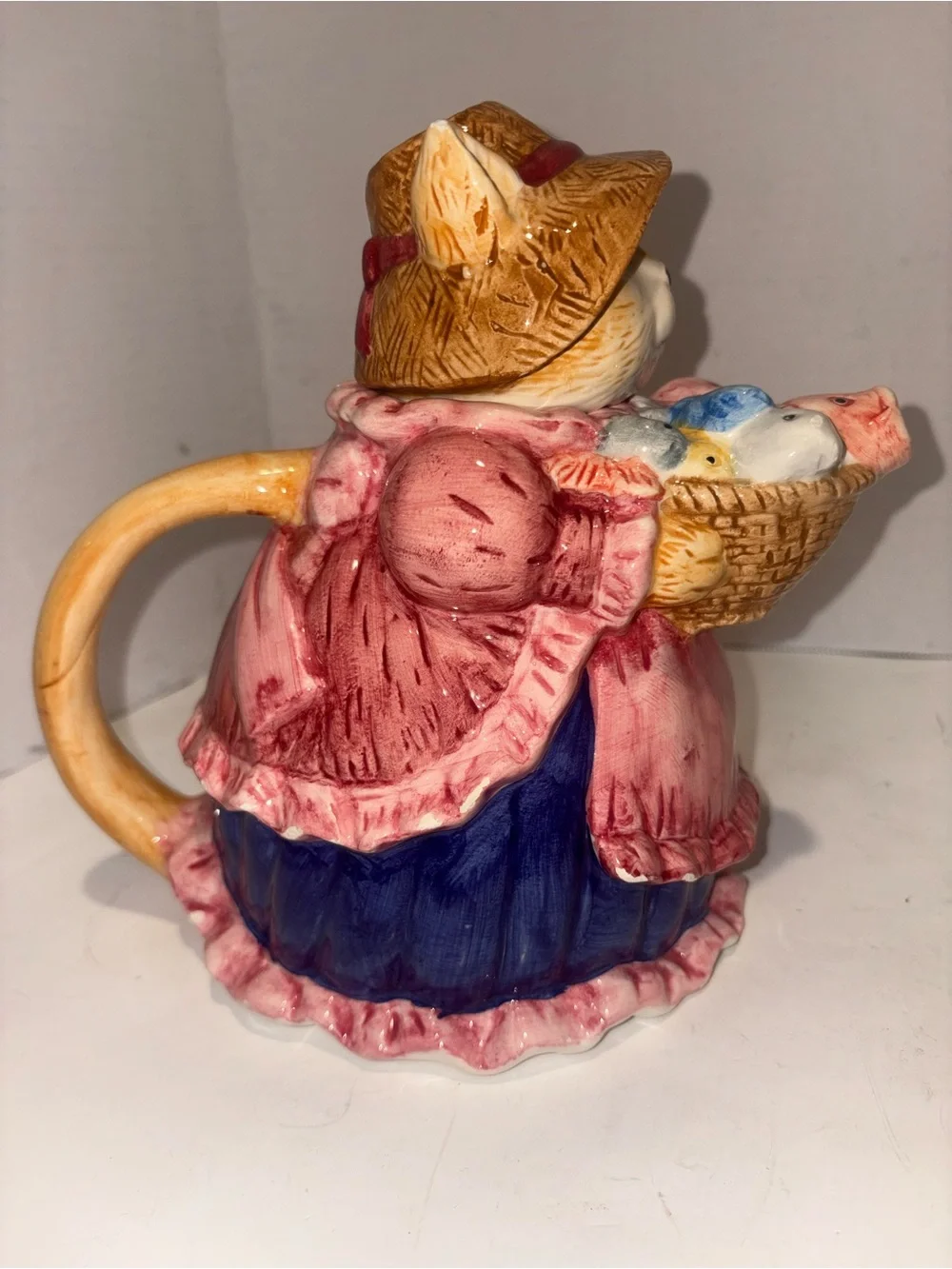 Hand-Painted Pink Ceramic Cat Figurine with Basket of Fish Teapot- Vintage